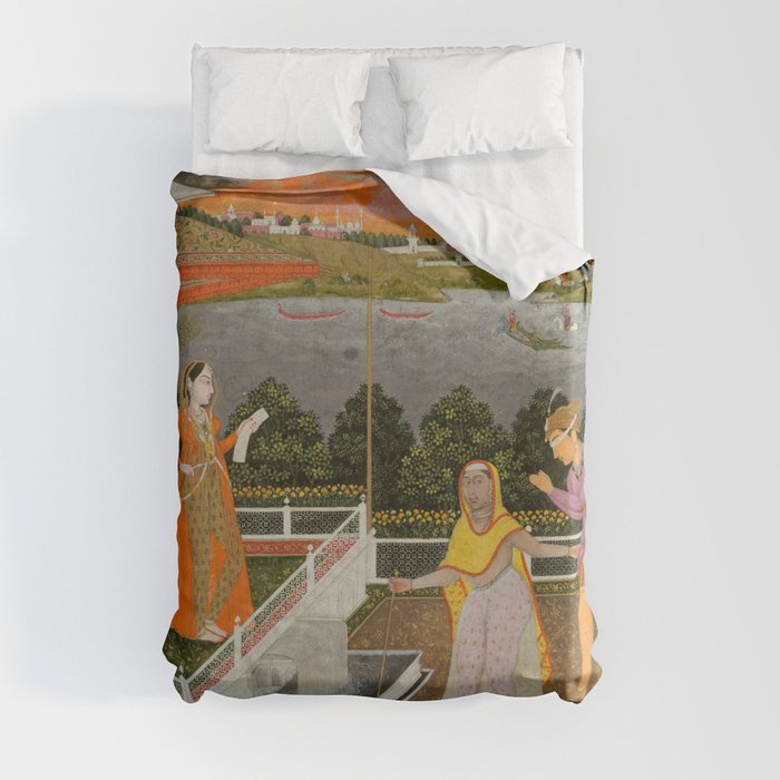 A blindfolded suitor is brought before a princess; verso/ scrolling floral vines 1755 Fayzullah Indian Miniature Painting  Duvet Cover