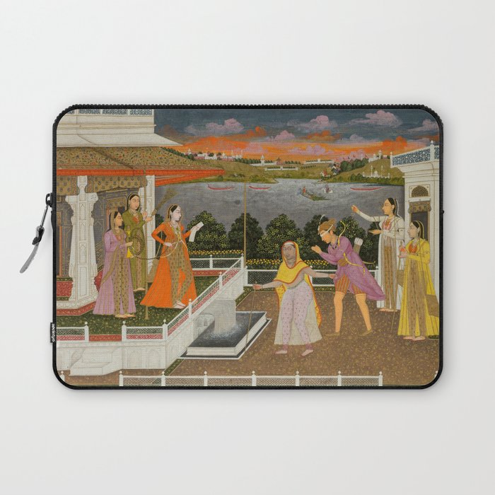 A blindfolded suitor is brought before a princess; verso/ scrolling floral vines 1755 Fayzullah Indian Miniature Painting  Laptop Sleeve