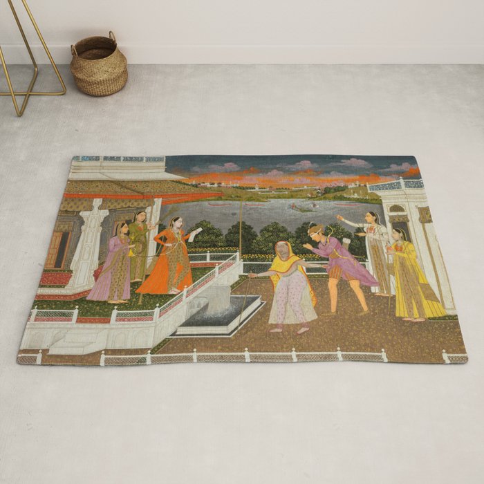A blindfolded suitor is brought before a princess; verso/ scrolling floral vines 1755 Fayzullah Indian Miniature Painting  Rug