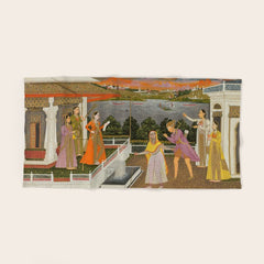 A blindfolded suitor is brought before a princess; verso/ scrolling floral vines 1755 Fayzullah Indian Miniature Painting  Bath Towel
