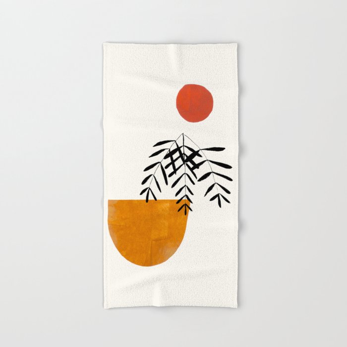 Autumn Vine' Minimal Mid Century Abstract Shapes With Floral Plant Motif Boho Vintage Paper Collage Line Drawing Bath Towel