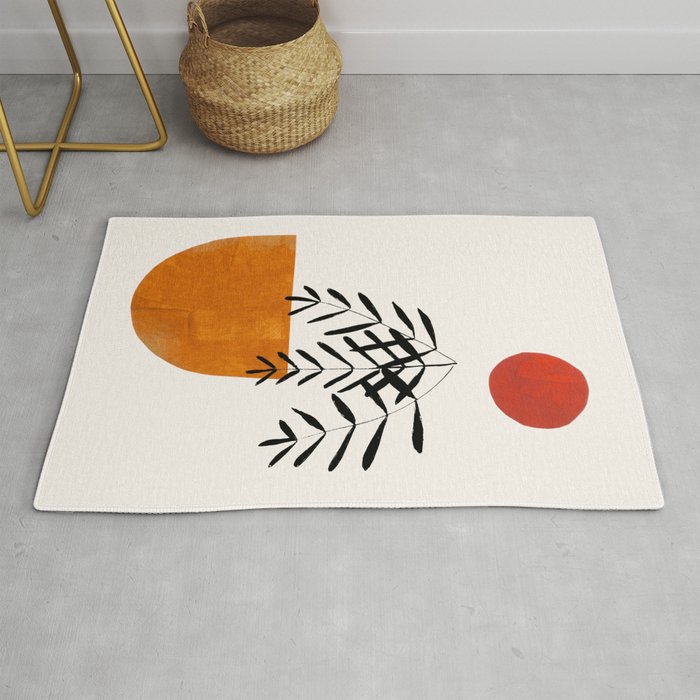 Autumn Vine' Minimal Mid Century Abstract Shapes With Floral Plant Motif Boho Vintage Paper Collage Line Drawing Rug