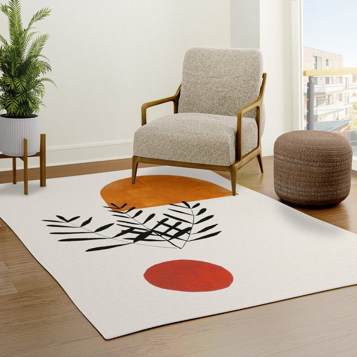 Autumn Vine' Minimal Mid Century Abstract Shapes With Floral Plant Motif Boho Vintage Paper Collage Line Drawing Rug