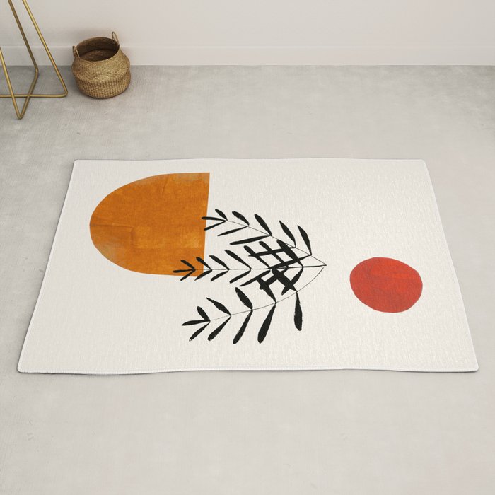 Autumn Vine' Minimal Mid Century Abstract Shapes With Floral Plant Motif Boho Vintage Paper Collage Line Drawing Rug