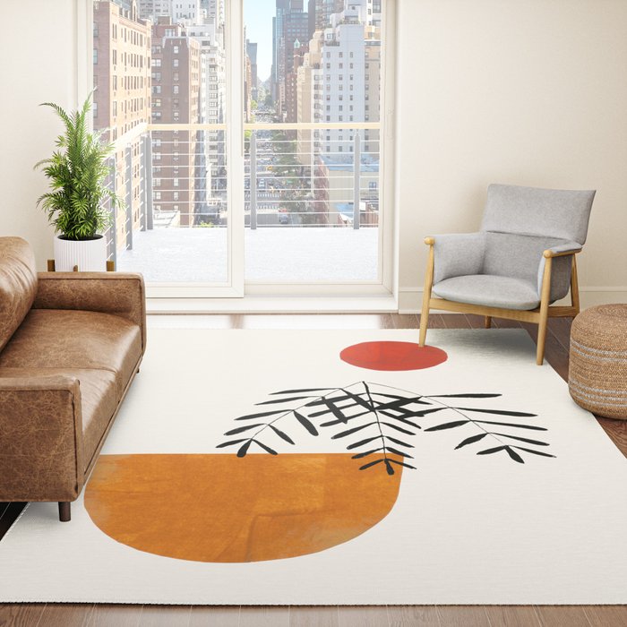 Autumn Vine' Minimal Mid Century Abstract Shapes With Floral Plant Motif Boho Vintage Paper Collage Line Drawing Rug