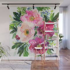 5 pink peonies in watercolor Wall Mural