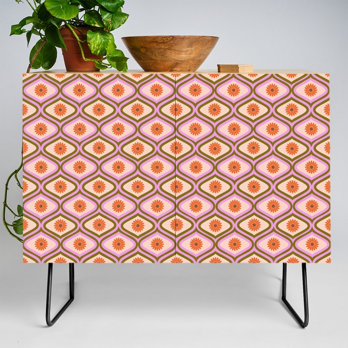70s Disco Daisy Flower Pattern Credenza