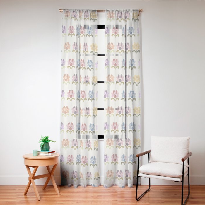 70s Retro Florals Pattern with Linen Texture Window Curtain