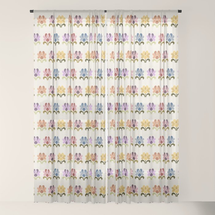 70s Retro Florals Pattern with Linen Texture Window Curtain