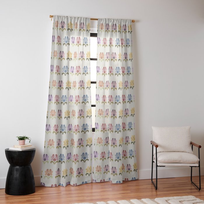 70s Retro Florals Pattern with Linen Texture Window Curtain