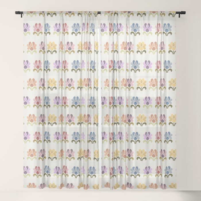 70s Retro Florals Pattern with Linen Texture Window Curtain