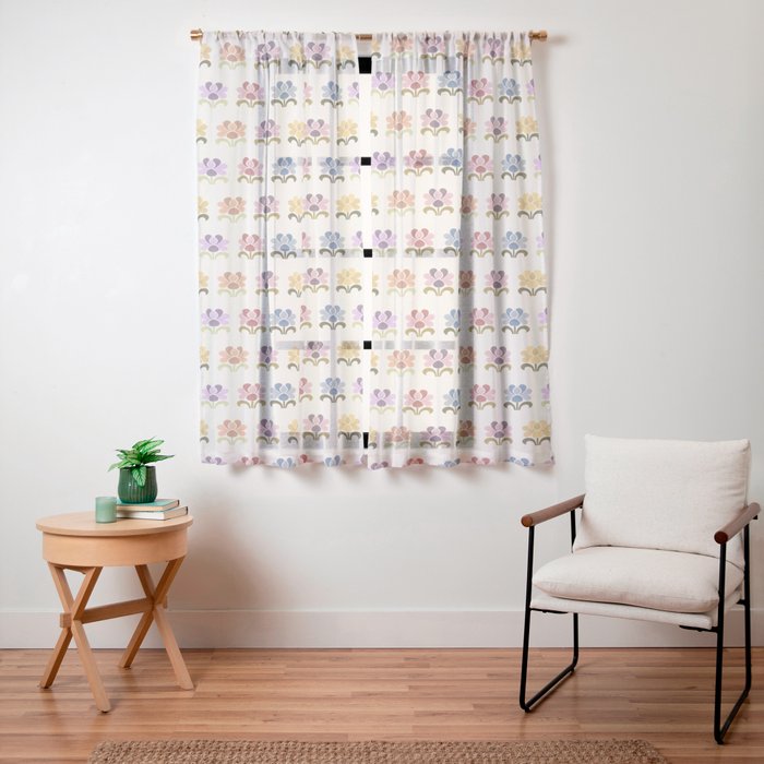 70s Retro Florals Pattern with Linen Texture Window Curtain