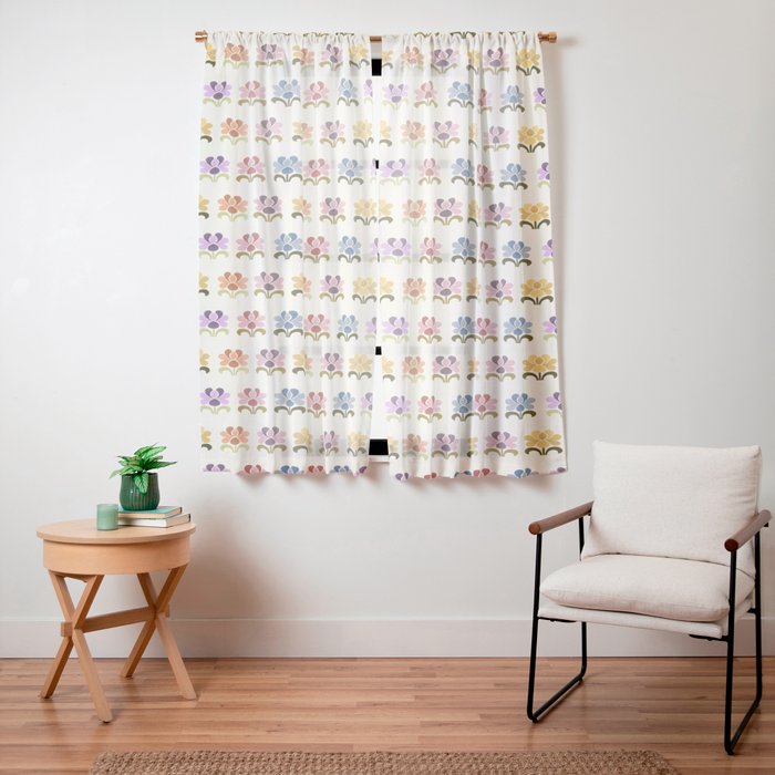 70s Retro Florals Pattern with Linen Texture Window Curtain