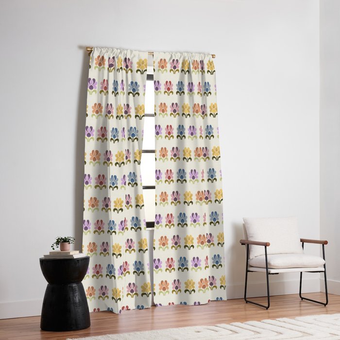 70s Retro Florals Pattern with Linen Texture Window Curtain