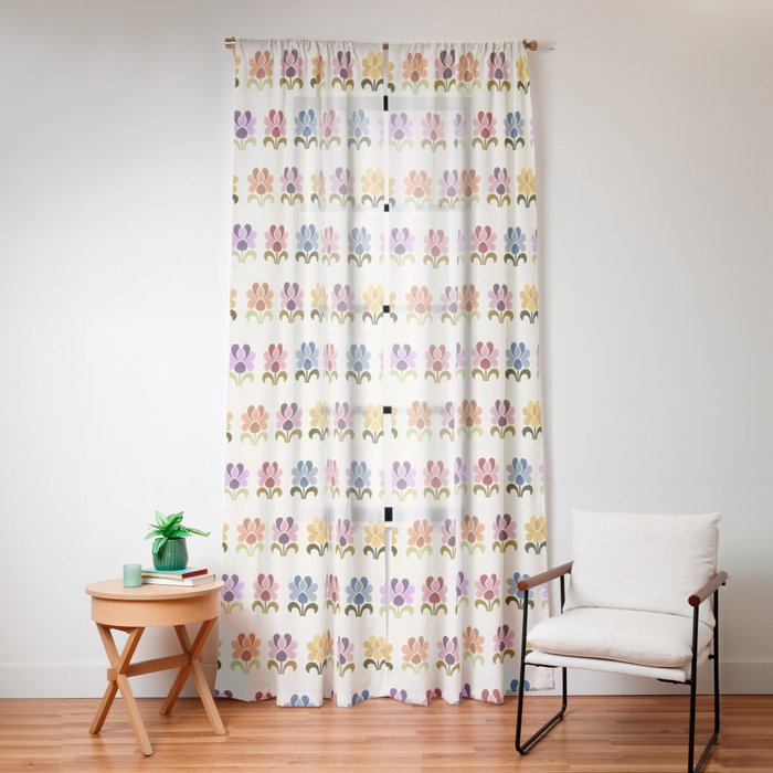 70s Retro Florals Pattern with Linen Texture Window Curtain