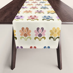 70s Retro Florals Pattern with Linen Texture Table Runner