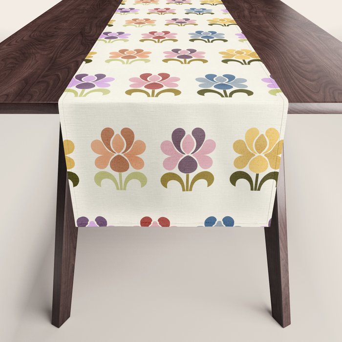 70s Retro Florals Pattern with Linen Texture Table Runner