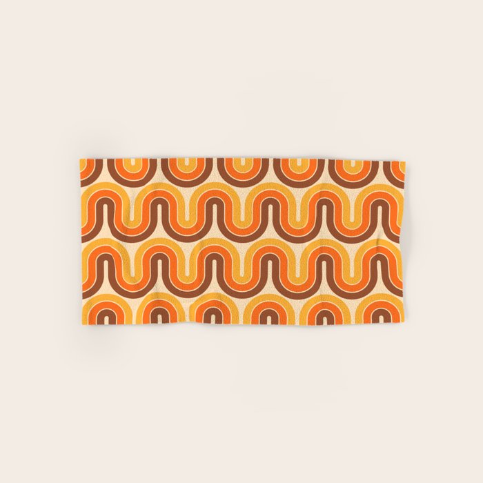 70s Retro Vintage Style Wave Pattern Autumn Brown Orange and Yellow Bath Towel