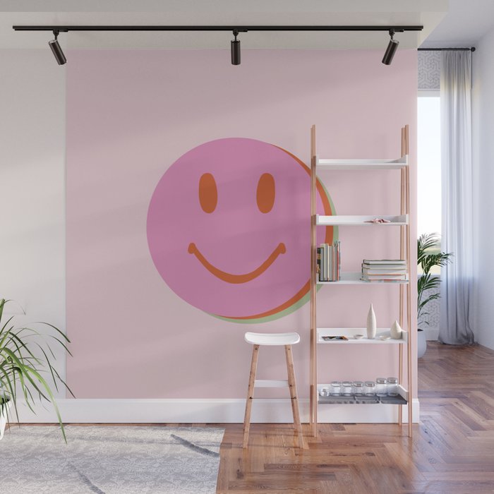 70s retro pink smiles pattern  Wall Mural