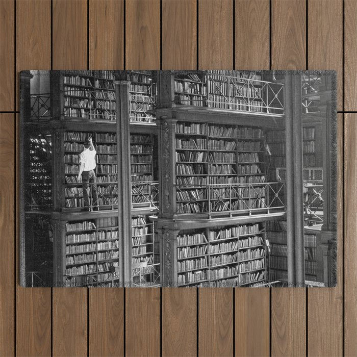A book lovers dream - Cast-iron Book Alcoves Cincinnati Library black and white photography Outdoor Rug