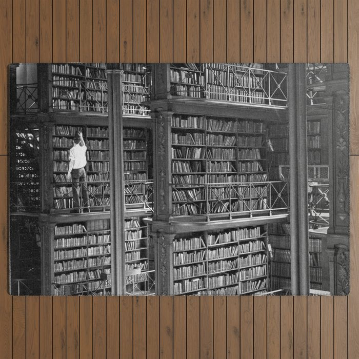 A book lovers dream - Cast-iron Book Alcoves Cincinnati Library black and white photography Outdoor Rug