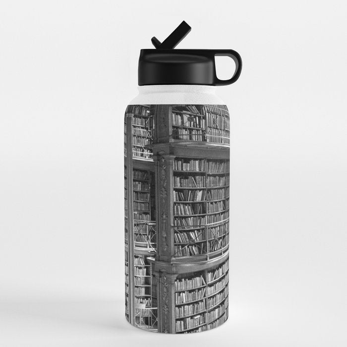 A book lovers dream - Cast-iron Book Alcoves Cincinnati Library black and white photography Water Bottle