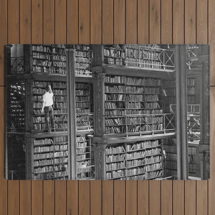 A book lovers dream - Cast-iron Book Alcoves Cincinnati Library black and white photography Outdoor Rug