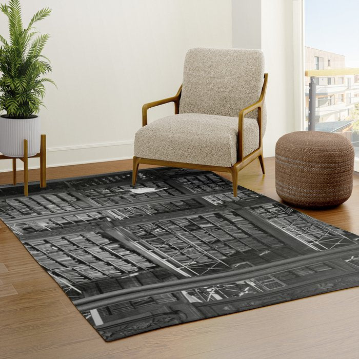 A book lovers dream - Cast-iron Book Alcoves Cincinnati Library black and white photography Rug