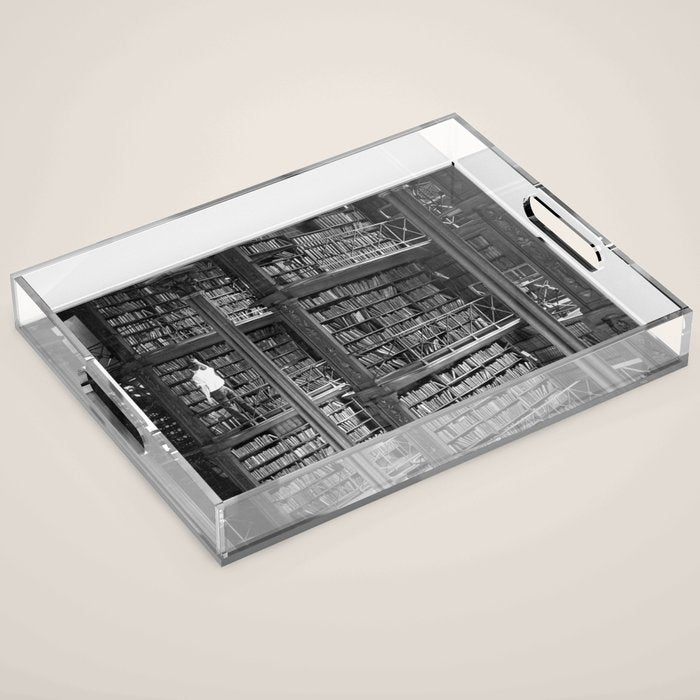 A book lovers dream - Cast-iron Book Alcoves Cincinnati Library black and white photography Acrylic Tray