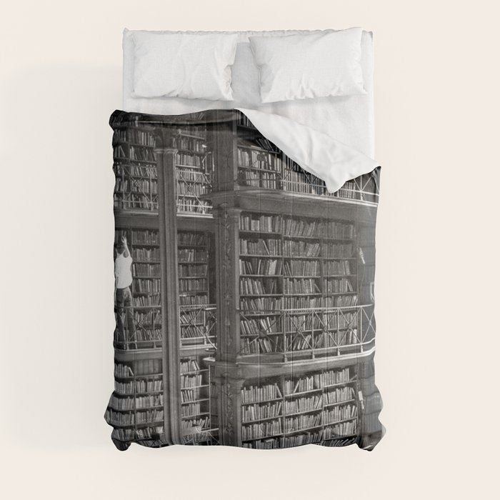 A book lovers dream - Cast-iron Book Alcoves Cincinnati Library black and white photography Comforter