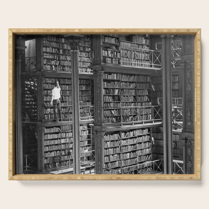 A book lovers dream - Cast-iron Book Alcoves Cincinnati Library black and white photography Serving Tray