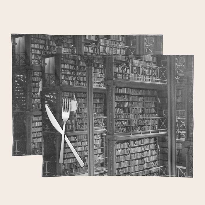 A book lovers dream - Cast-iron Book Alcoves Cincinnati Library black and white photography Placemat