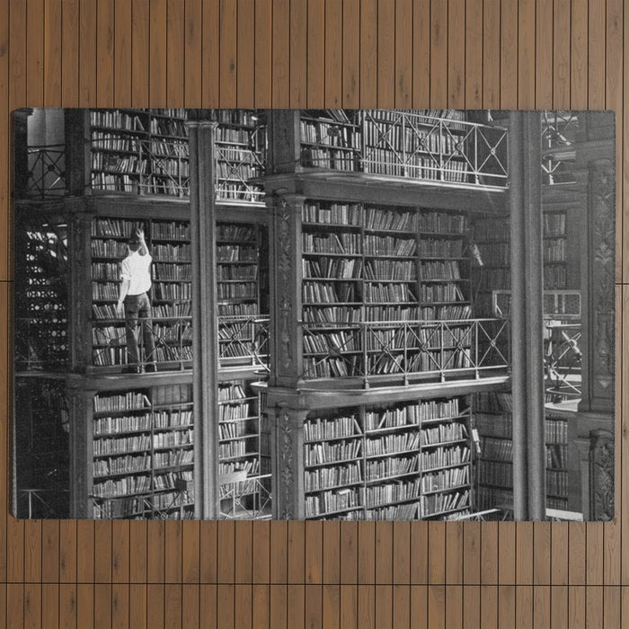 A book lovers dream - Cast-iron Book Alcoves Cincinnati Library black and white photography Outdoor Rug