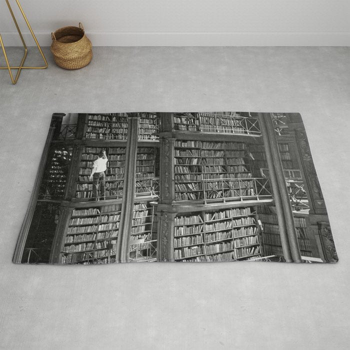 A book lovers dream - Cast-iron Book Alcoves Cincinnati Library black and white photography Rug