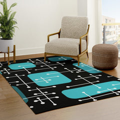 1950s Eames Era Art Crosshairs Black Teal Blue Rug
