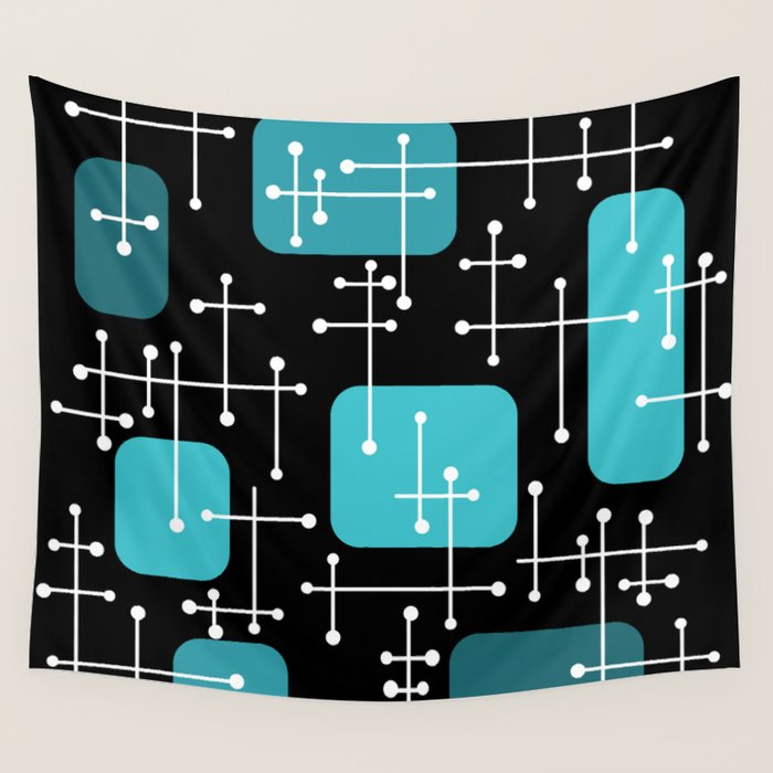 1950s Eames Era Art Crosshairs Black Teal Blue Wall Tapestry