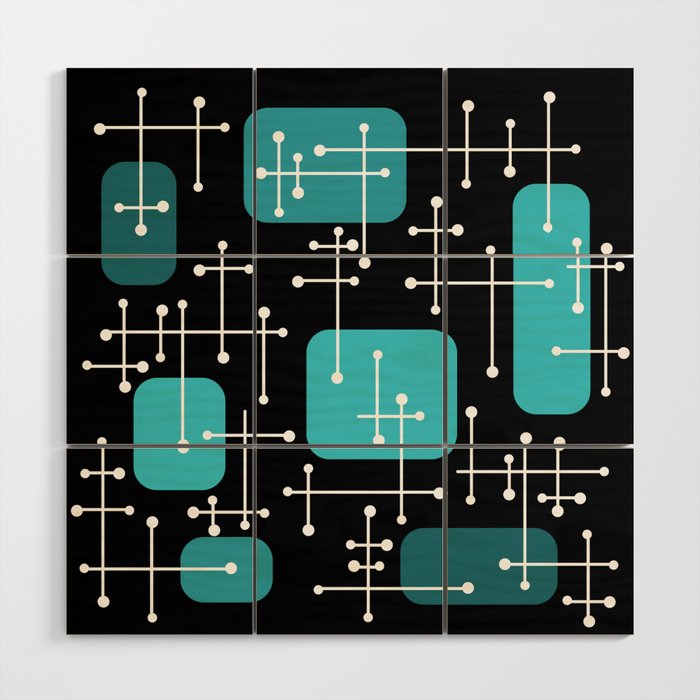 1950s Eames Era Art Crosshairs Black Teal Blue Wood Wall Art