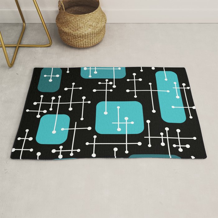 1950s Eames Era Art Crosshairs Black Teal Blue Rug