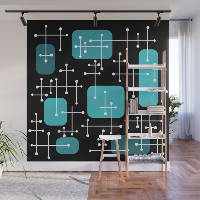 1950s Eames Era Art Crosshairs Black Teal Blue Wall Mural