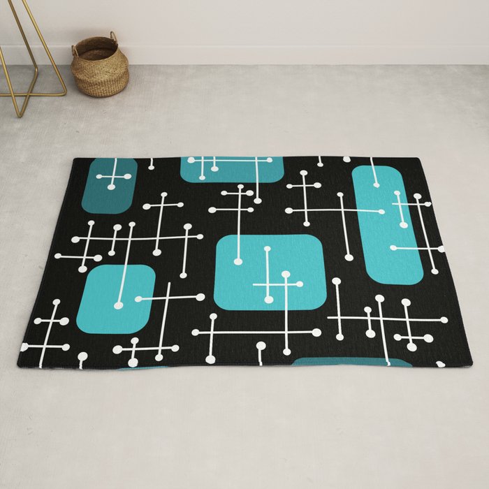 1950s Eames Era Art Crosshairs Black Teal Blue Rug