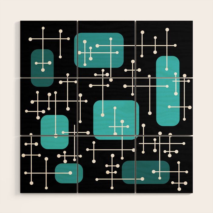 1950s Eames Era Art Crosshairs Black Teal Blue Wood Wall Art