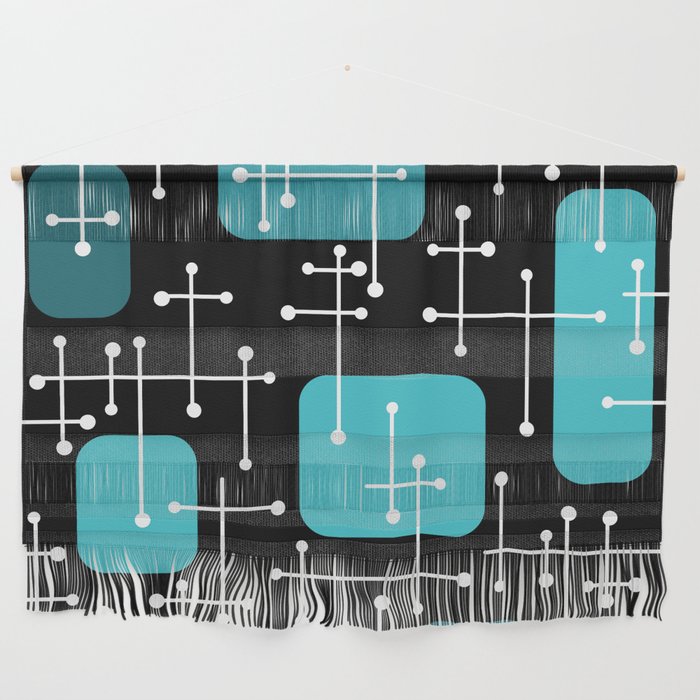 1950s Eames Era Art Crosshairs Black Teal Blue Wall Hanging