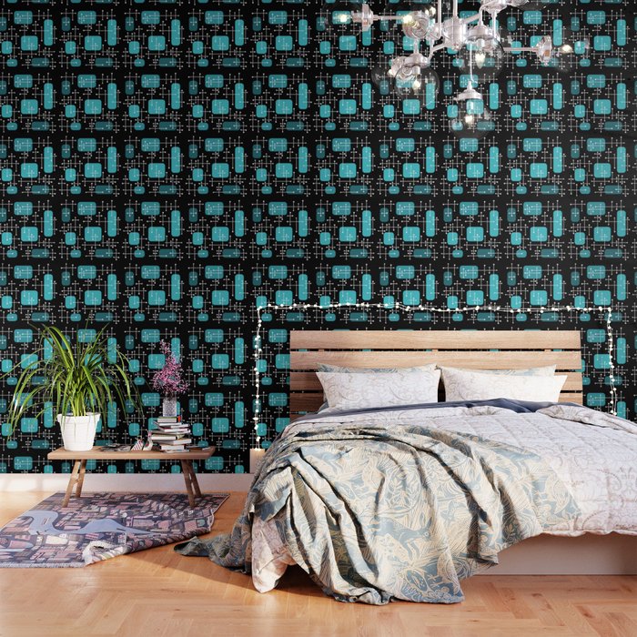 1950s Eames Era Art Crosshairs Black Teal Blue Wallpaper