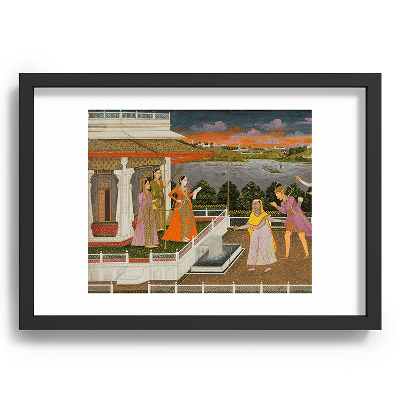 A blindfolded suitor is brought before a princess; verso/ scrolling floral vines 1755 Fayzullah Indian Miniature Painting  Framed Art Print