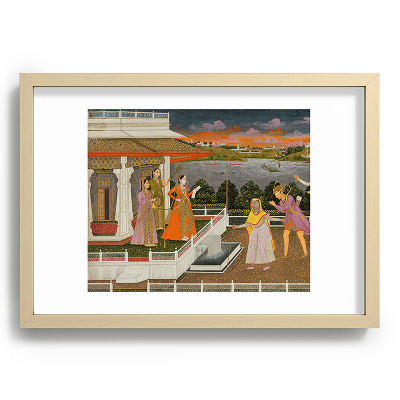 A blindfolded suitor is brought before a princess; verso/ scrolling floral vines 1755 Fayzullah Indian Miniature Painting  Framed Art Print