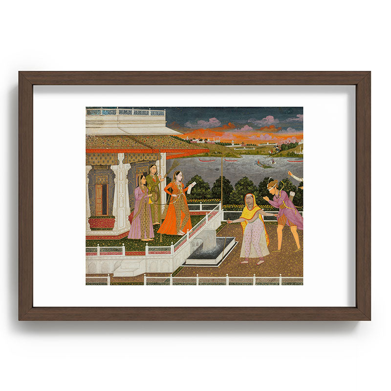 A blindfolded suitor is brought before a princess; verso/ scrolling floral vines 1755 Fayzullah Indian Miniature Painting  Framed Art Print