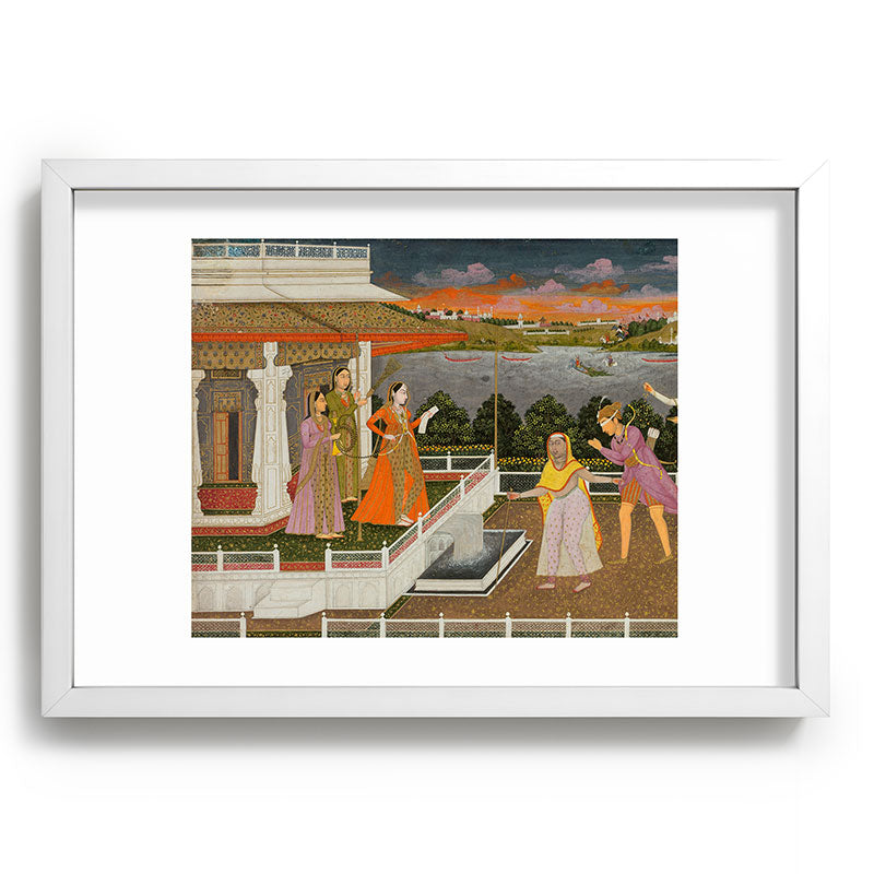 A blindfolded suitor is brought before a princess; verso/ scrolling floral vines 1755 Fayzullah Indian Miniature Painting  Framed Art Print