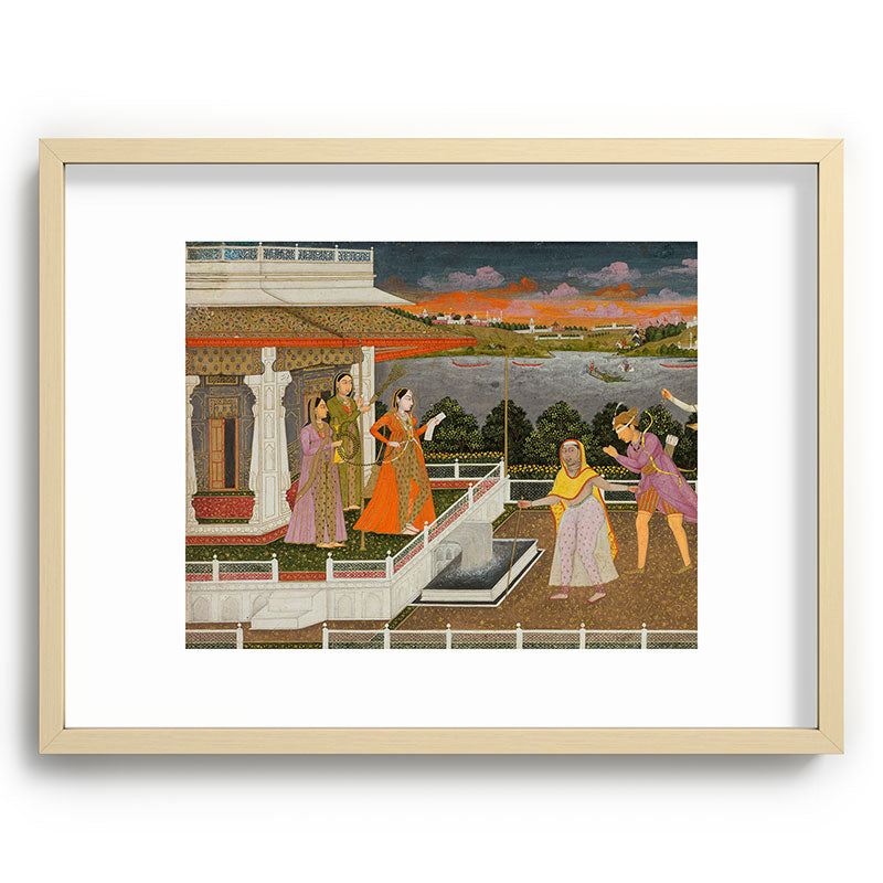 A blindfolded suitor is brought before a princess; verso/ scrolling floral vines 1755 Fayzullah Indian Miniature Painting  Framed Art Print