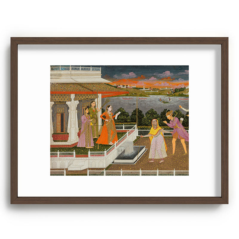 A blindfolded suitor is brought before a princess; verso/ scrolling floral vines 1755 Fayzullah Indian Miniature Painting  Framed Art Print