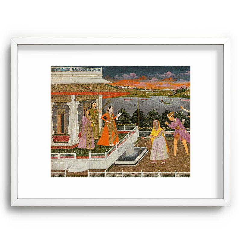 A blindfolded suitor is brought before a princess; verso/ scrolling floral vines 1755 Fayzullah Indian Miniature Painting  Framed Art Print